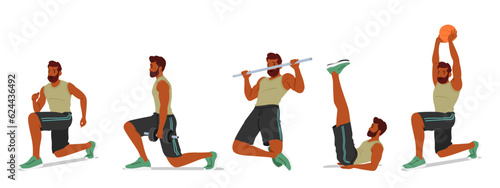 Fit Male Character Exercises Through A Variety Of Activities Such As Weightlifting, And Calisthenics Vector Illustration