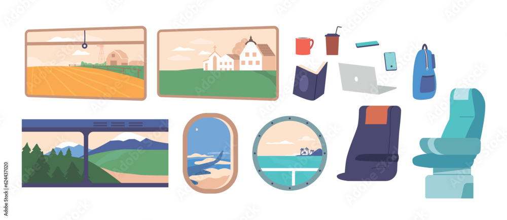Set Of Icons Train, Bus, Ship And Airplane Windows And Portholes. Chairs, Laptop, Coffee Cup, Laptop And Bag Isolated Set Of Icons Train, Bus, Ship And Airplane Windows And Portholes. Chairs, Laptop, Coffee Cup, Laptop And Bag Isolated
