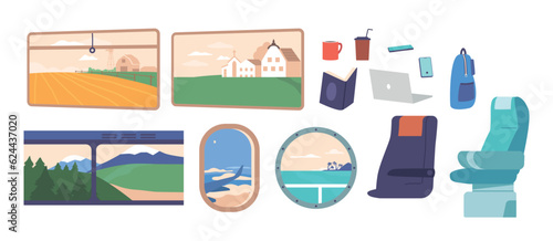 Set Of Icons Train, Bus, Ship And Airplane Windows And Portholes. Chairs, Laptop, Coffee Cup, Laptop And Bag Isolated