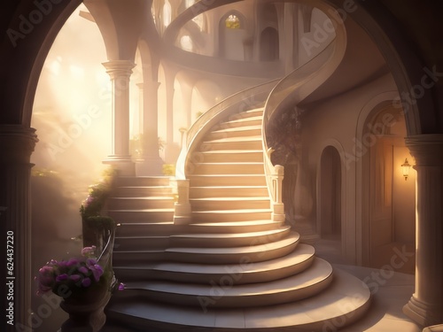 Una escalera sinuosa y etérea, iluminada por una luz suave y celestial, que conduce a un paraíso divino.
