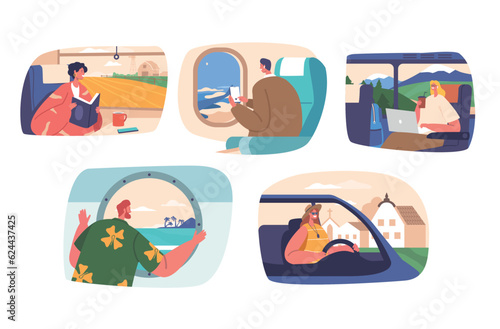 Characters Traveling by Train, Airplane, Car, Ship and Bus Transport. People Look into Windows and Relax during Journey