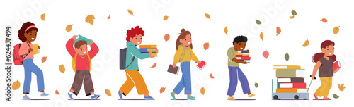 Children Walk With Books to School, Kid Characters Carry Their Cherished Books, Reflecting The Joy Of Learning