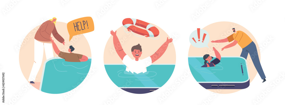 Isolated Round Icons Or Avatars With Parents Saving Children Drowning In Smartphone Screen, Information Security n