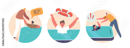 Isolated Round Icons Or Avatars With Parents Saving Children Drowning In Smartphone Screen, Information Security n