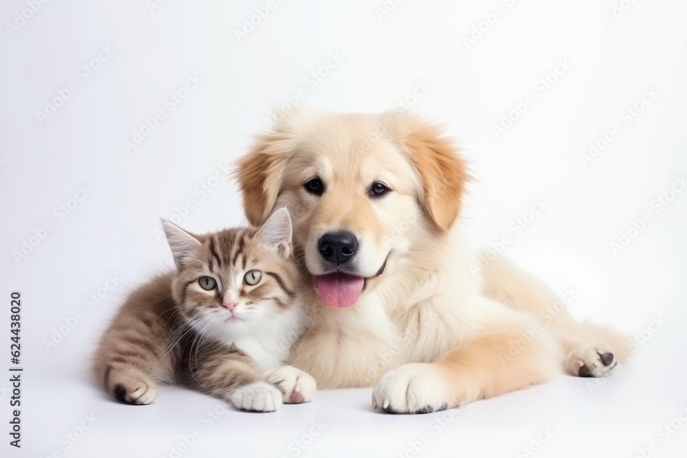 Cute little kitten cat and cute puppy dog together isolated on white background.