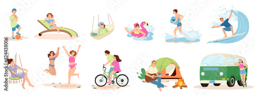 Set of people performing summer sports and leisure outdoor activities at beach in sea or ocean - playing games  camping  surfing  cycling Colorful flat vector illustration isolated on white background