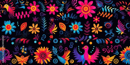 illustration showcases a folk Mexican Otomi style embroidery pattern. Inspired by traditional designs Mexican Embroidery Generative Ai Digital Illustration