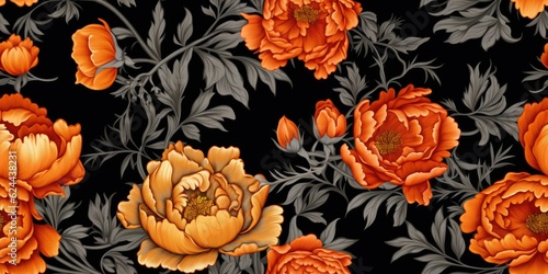 Marigold  Rose  Peony Flowers  illustration features a vintage floral embroidery seamless pattern with marigold Mexican Embroidery Generative Ai Digital Illustration