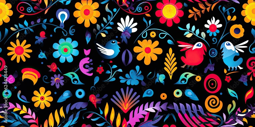 Vibrant Mexican Otomi Embroidery: Folk Art Pattern for Cultural Elegance Mexican Embroidery Generative Ai Digital Illustration