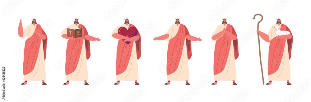 Jesus in Different Poses, In Prayer With Hands Clapped, Demonstrating Devotion And Humility Cartoon Vector Illustration Jesus in Different Poses, In Prayer With Hands Clapped, Demonstrating Devotion And Humility Cartoon Vector Illustration