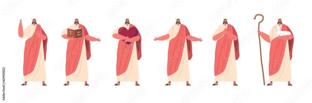 Jesus in Different Poses, In Prayer With Hands Clapped, Demonstrating Devotion And Humility Cartoon Vector Illustration