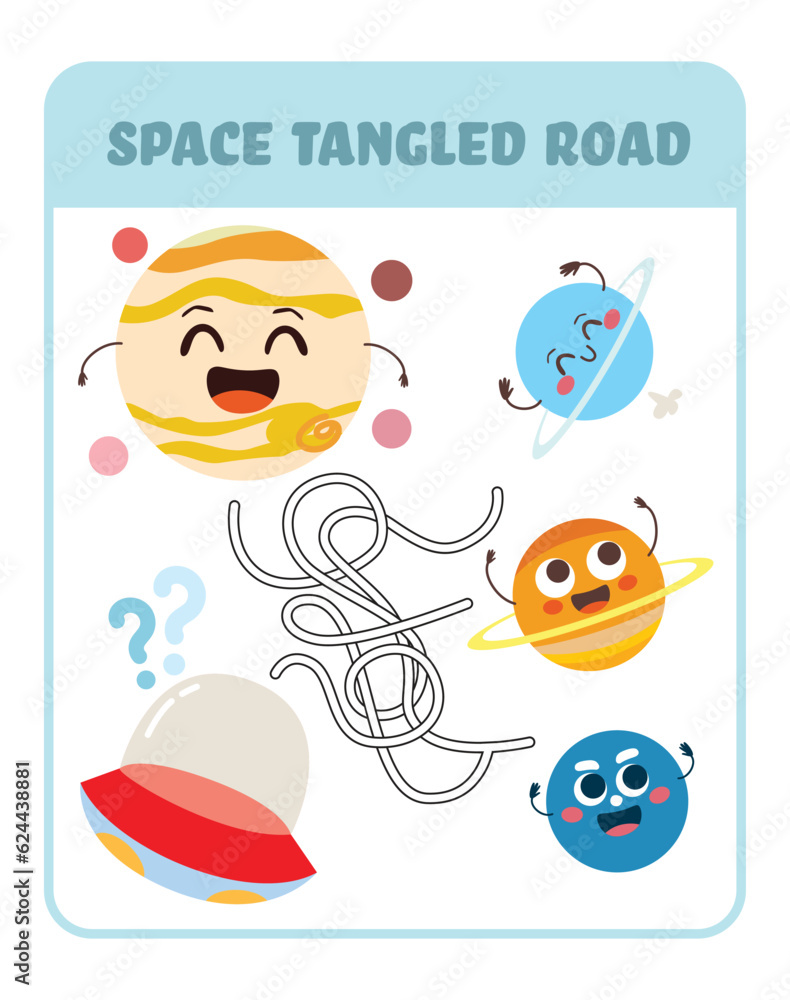 Vector illustration of maze or labyrinth game for preschool children. Space tangled cartoon puzzle road activity for kids with funny planet characters