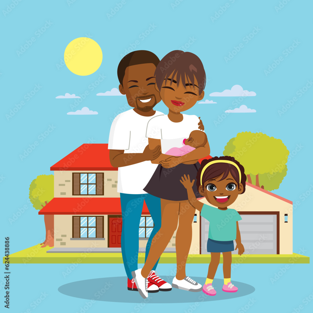 Vector illustration of four member happy family in front of house. Little girl waving with parents and baby sister lifestyle concept