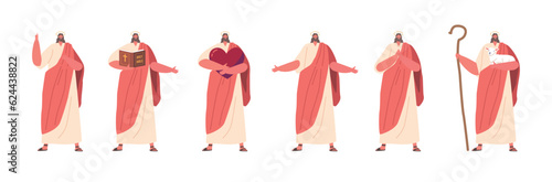 Jesus in Different Poses, In Prayer With Hands Clapped, Demonstrating Devotion And Humility Cartoon Vector Illustration
