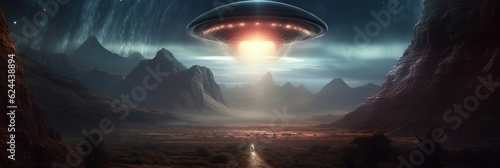 Obraz na plátně Alien spacecraft descending on earth,created with generative ai tecnology