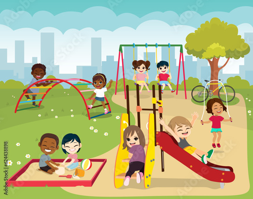 Vector illustration of cute little diverse children playing on playground spending leisure time in game. Kids having fun at the park