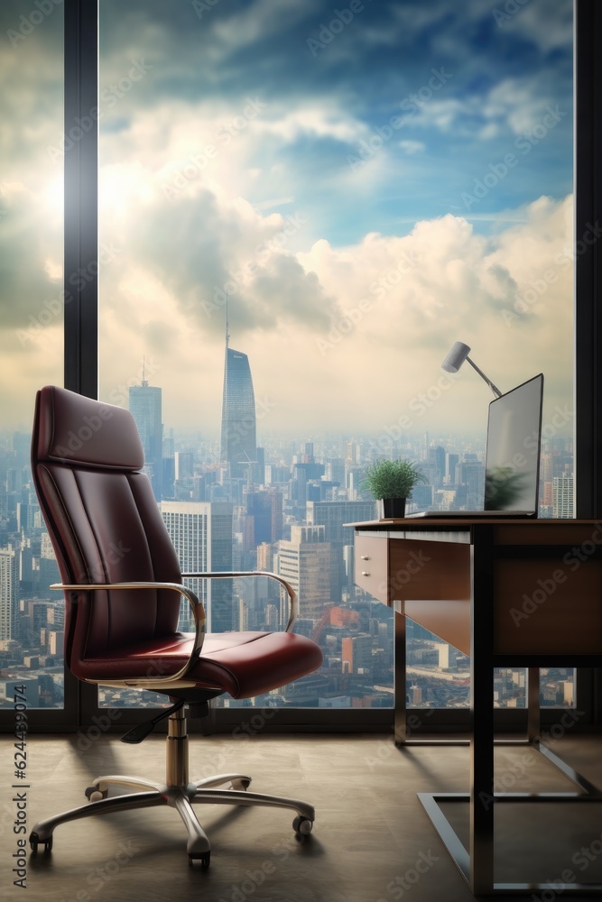 office chair and desk with city view background, created with generative ai