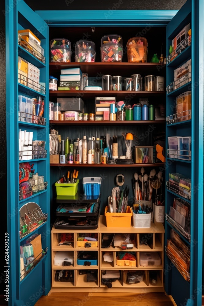 Obraz premium organized and tidy office supply closet with labeled shelves, created with generative ai