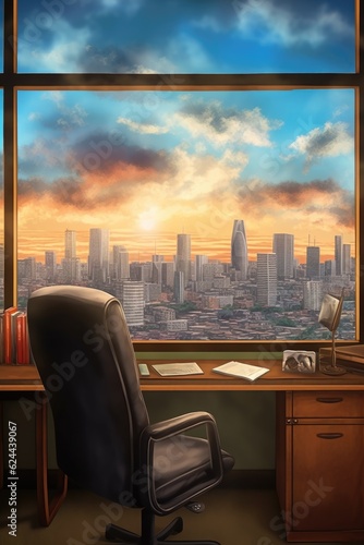 office chair and desk with city view background  created with generative ai