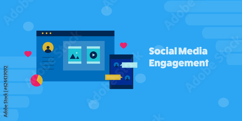 Social media engagement. Social media content. Social media content application. Vector illustration background.