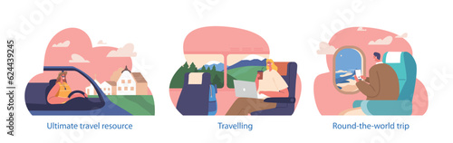 Isolated Elements With Characters Traveling By Airplane, Car And Bus Transport. People Look Into Windows And Relax