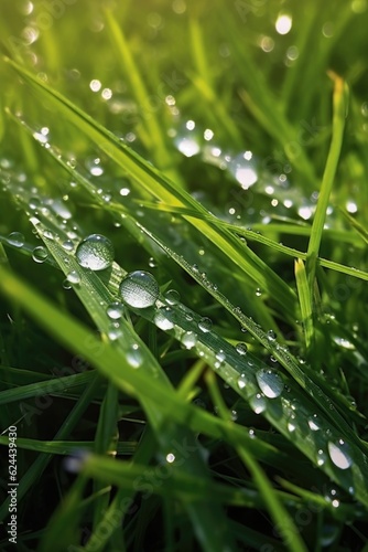 close-up of dewdrops on fresh green grass, created with generative ai