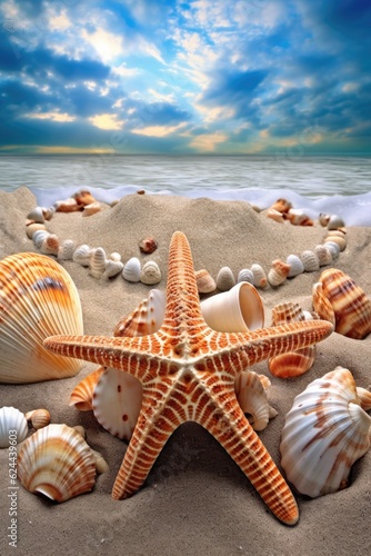 seashells and starfish on sandy beach, created with generative ai
