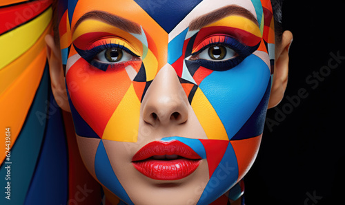 Face of a young female with creative body art. Colorful mosaic of triangles and geometry on the face of a woman, on black background. © STORYTELLER