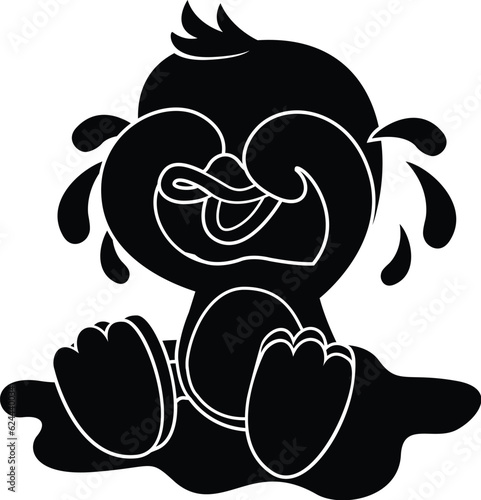 Black and White Cartoon Illustration Vector of a Cartoon Baby Duck Duckling Crying