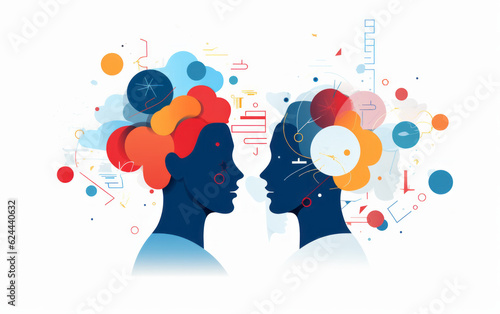 Flat design of two people facing each others with ideas in their heads , team working or brainstorming illustration concept