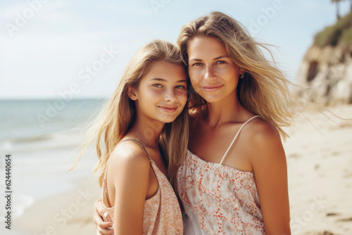 Woman and her teen child wearing summer clothes  standing on a sunny beach   Mother and daughter relationship concept