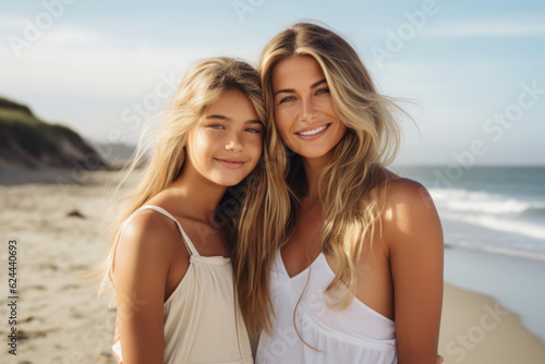 Woman and her teen child wearing summer clothes, standing on a sunny beach , Mother and daughter relationship concept