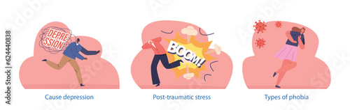 Characters With Phobias Of Depression, Explosion And Virus. Intense And Irrational Fears Include Social Anxiety Disorder