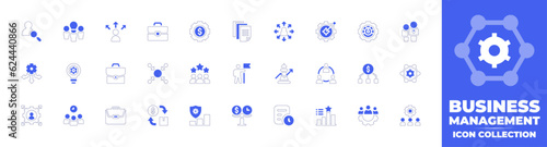 Business management icon collection. Duotone style line stroke and bold. Vector illustration. Containing user, intelligent, decision making, briefcase, asset management, data, goal, risk, and more.