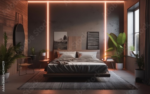 A minimalist bedroom adorned with neon lights. AI Generative