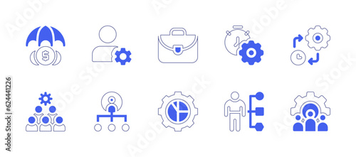 Business management icon set. Duotone style line stroke and bold. Vector illustration. Containing investment insurance, profile, briefcase, management, time management, team, manage, gear, assortment.