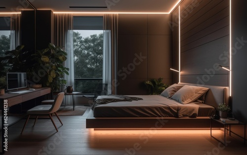 A minimalist bedroom adorned with neon lights. AI Generative