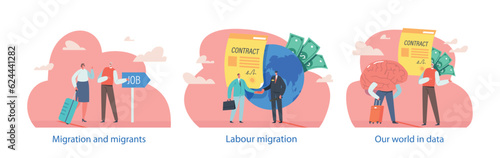 Isolated Elements with Characters Perform Migration Scenes. Movement Of Individuals From One Place To Another