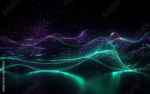 abstract futuristic background with green purple glowing neon moving high speed wave lines. AI Generative