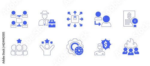 Business management icon set. Duotone style line stroke and bold. Vector illustration. Containing network, stock market, delivery, refer, contract, candidates, success, productivity, obligation.