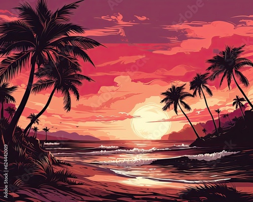 A serene beach with palm trees and a sunset. (Generative AI)