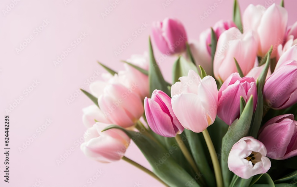 Fototapeta premium Bouquet of bright colorful tulips. Beautiful pastel pink floral background. AI Generative