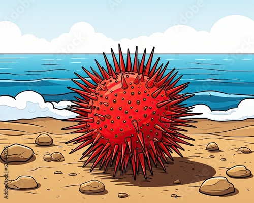 A sandy beach topped by a red sea urchin. (Generative AI) photo