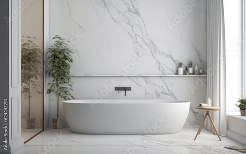 Blank horizontal poster frame mock up in minimal style bath room interior. AI Generative