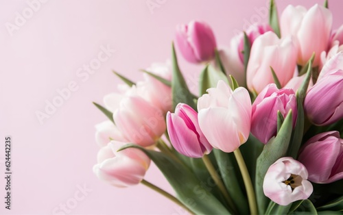 Bouquet of bright colorful tulips. Beautiful pastel pink floral background. AI Generative © Tisha
