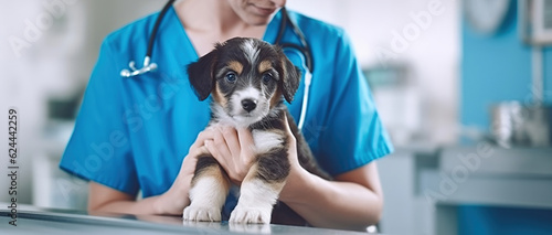 A Doctor's Tender Embrace of a Cute Puppy in a Modern Veterinary Clinic. Generative AI