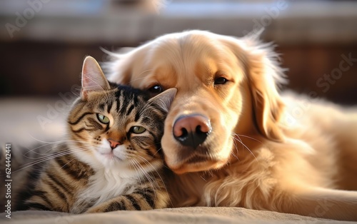Close up, cat and dog together lying. Animals friendship. AI Generative