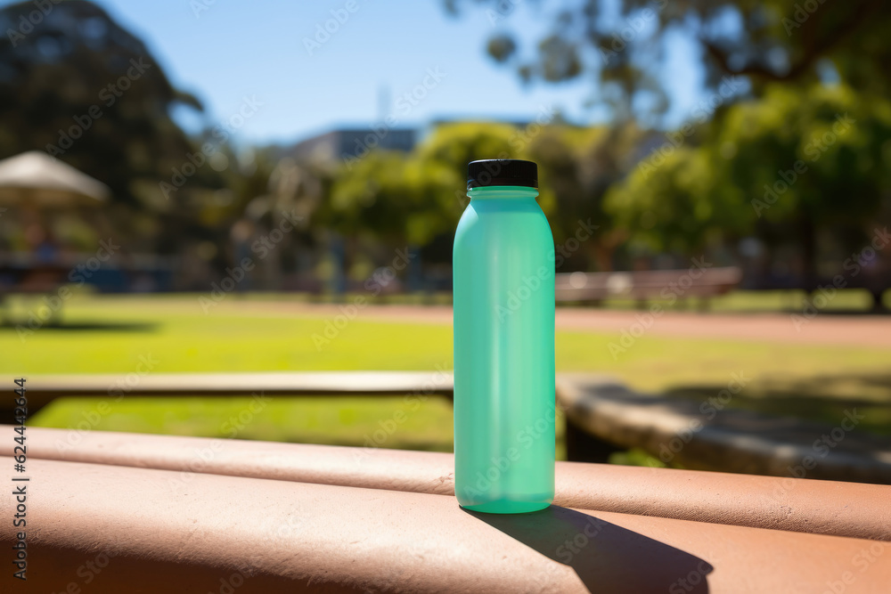 a bottle of water on a wooden bench with a blurred background, Generative AI a bottle of water on a wooden bench with a blurred background, Generative AI
