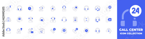 Call center icon collection. Duotone style line stroke and bold. Vector illustration. Containing customer service agent, headset, live chat, call center agent, online support, phone call, and more.