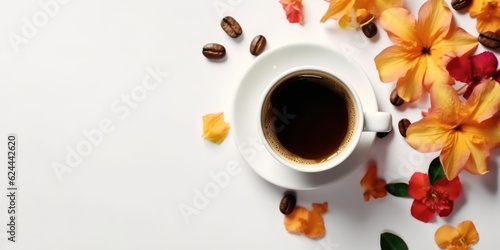 Coffee with Flower, with white light background, travel concept. Flat lay, top view, copy space. AI Generative
